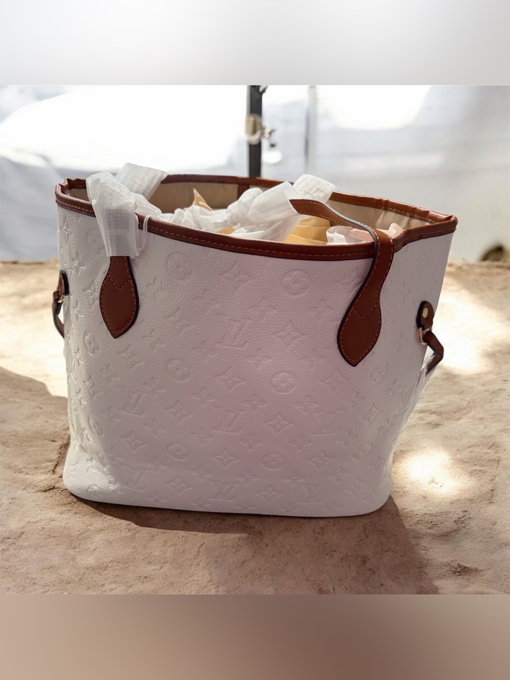 White Embossed Leather Tote with Brown Trim